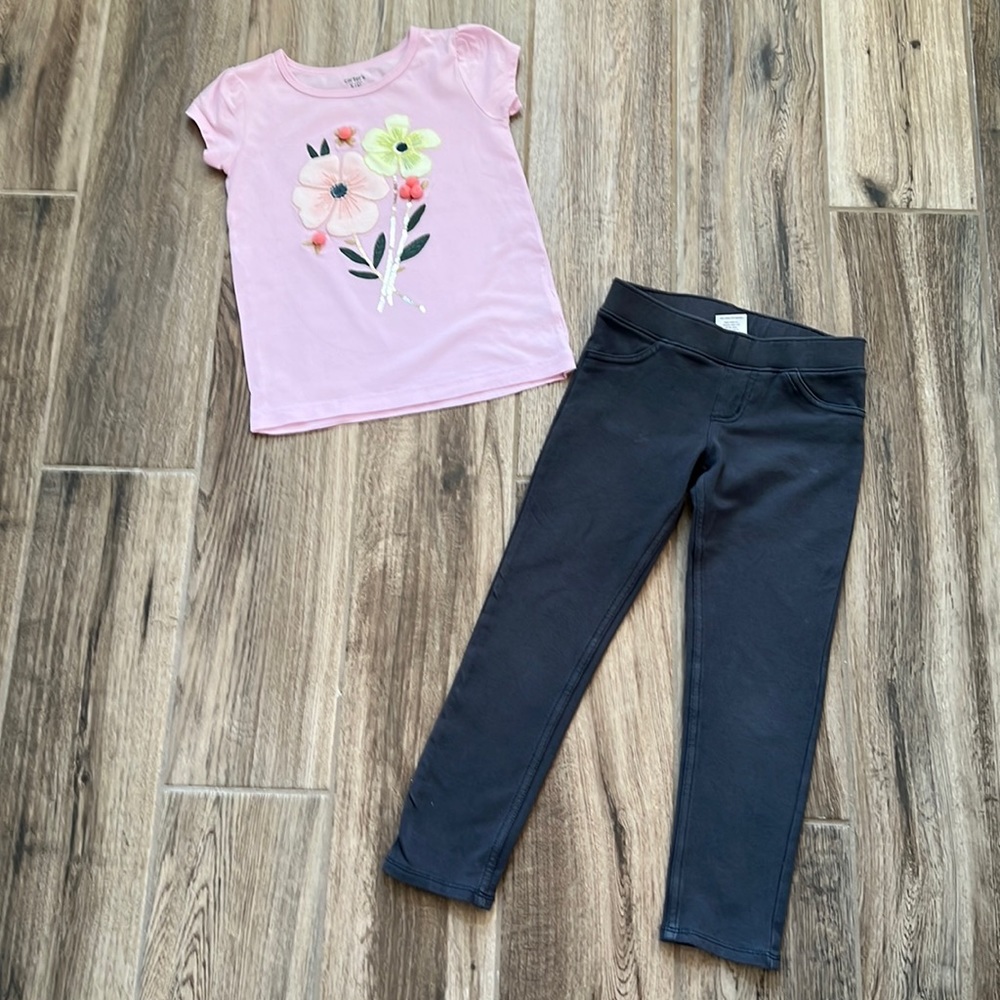 Carter’s Flower Sequin Top and gray pants Size 5